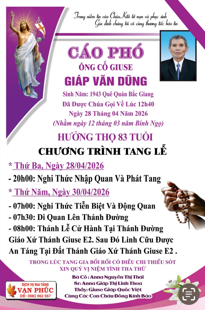 Cáo phó: Ông cố Giuse Giáp Văn Dũng, thân phụ của anh Giuse Giáp Quốc Việt vừa về với Chúa